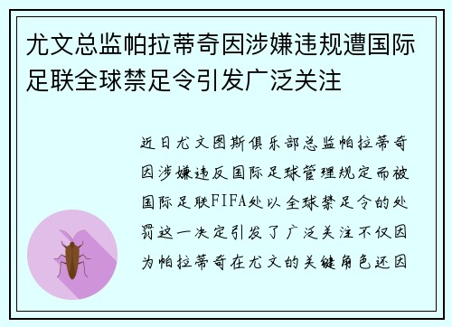 尤文总监帕拉蒂奇因涉嫌违规遭国际足联全球禁足令引发广泛关注 尤文总监帕拉蒂奇因涉嫌违规遭国际足联全球禁足令引发广泛关注